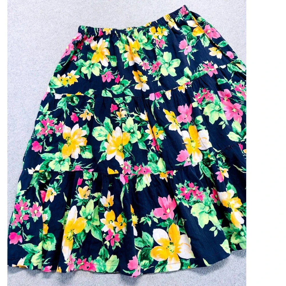Old Navy Tiered Skirt Girls XL 14-16 Navy Blue Floral Boho Ruffle Knee Length